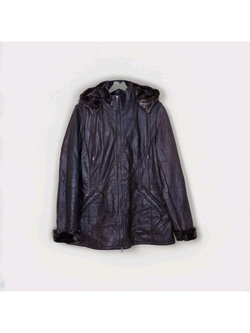 Danier Genuine Leather Jacket Womens M Dark Brown Faux Fur Lined Removable Hood